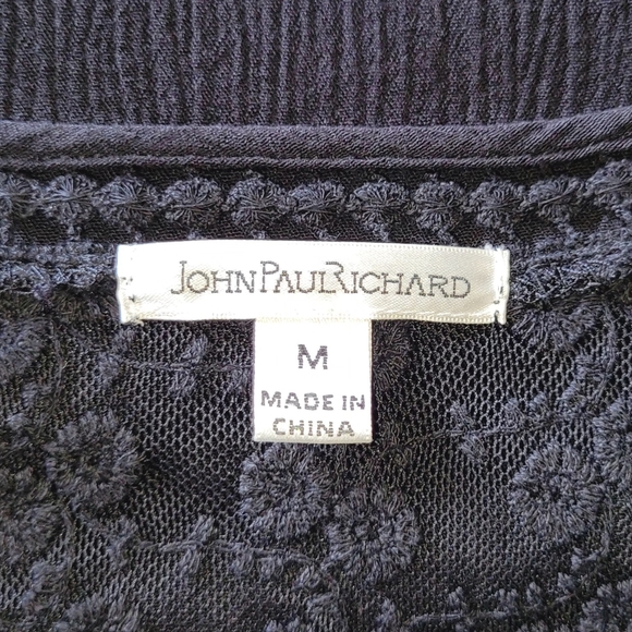 John Paul Richard 3/4 Sleeve Black Top, Size Medium, Lace Neck - Picture 3 of 5